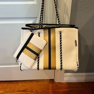 Dallas Hill Neoprene Tote Bag w/ Pouch – White/Gold/Black